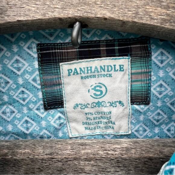 Panhandle Slim Roughstock teal southwestern embroidered sleeve pearl snap shirt - Picture 4 of 5